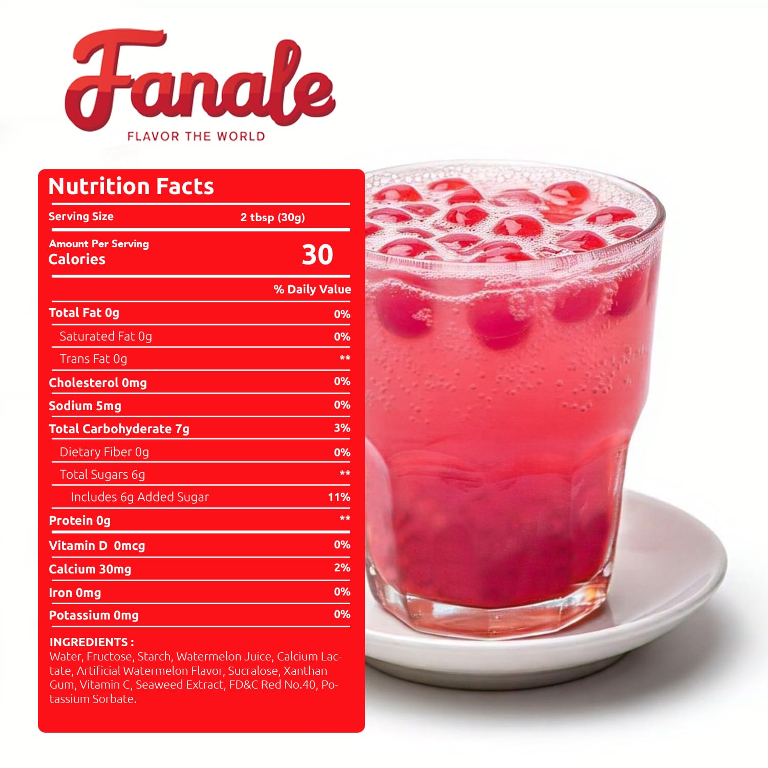 Fanale Watermelon Popping Boba Pearls in a glass to flavor a drink.