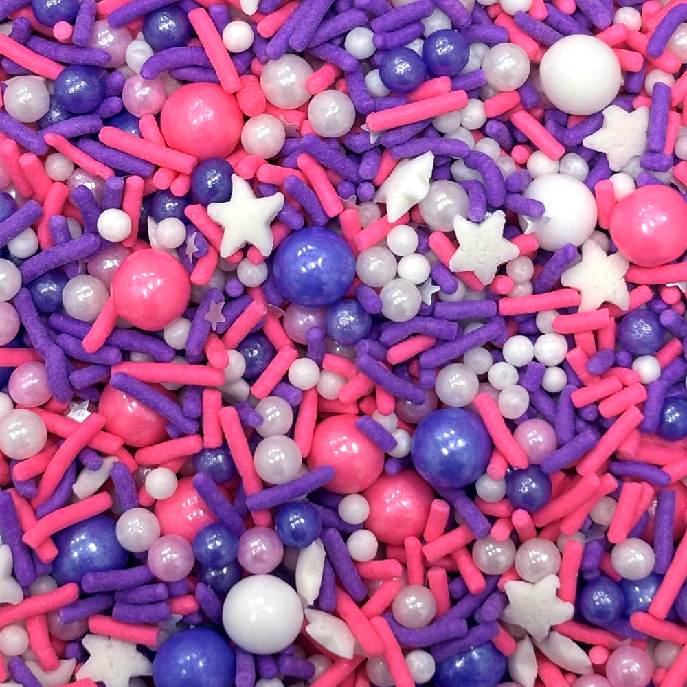 Fancy Sprinkles Call Me Maybe sprinkles elevate cakes with bold purple, pink, and white accents.