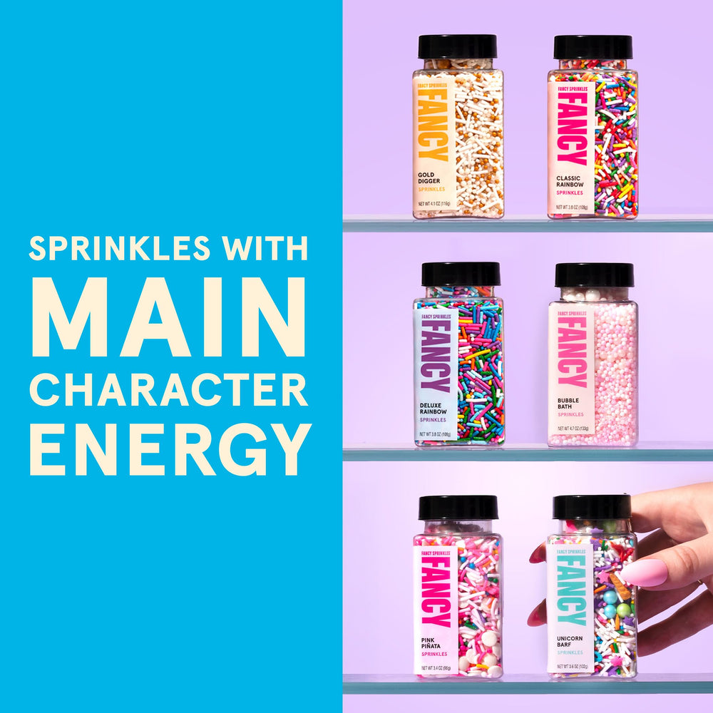 Fancy Sprinkles Deluxe Rainbow Crunchy Jimmies mixed into batter for color bursts.