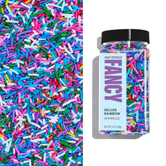Fancy Sprinkles Deluxe Rainbow Crunchy Jimmies bottle adds vibrant color and crisp texture.