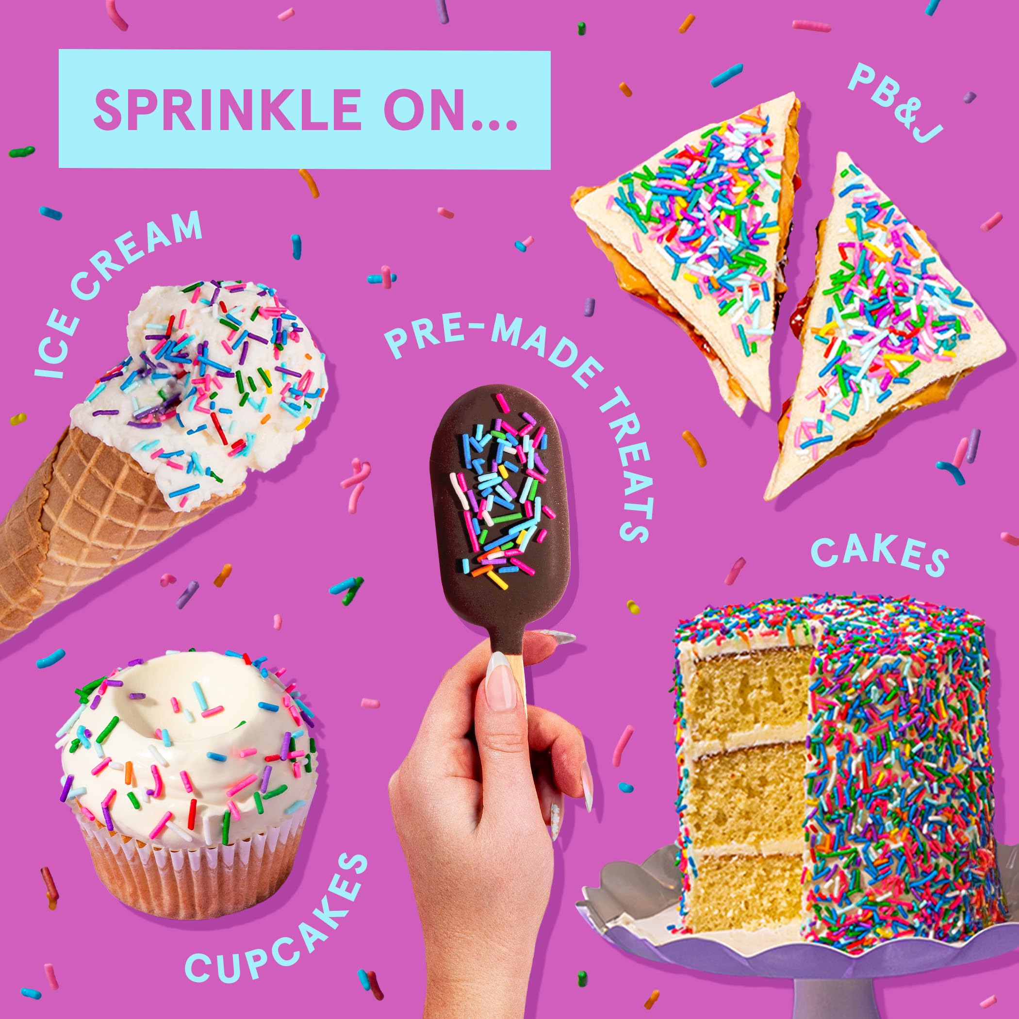 Fancy Sprinkles Deluxe Rainbow Crunchy Jimmies on cakes provide festive color and texture.