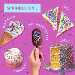 Fancy Sprinkles Deluxe Rainbow Crunchy Jimmies on cakes provide festive color and texture.