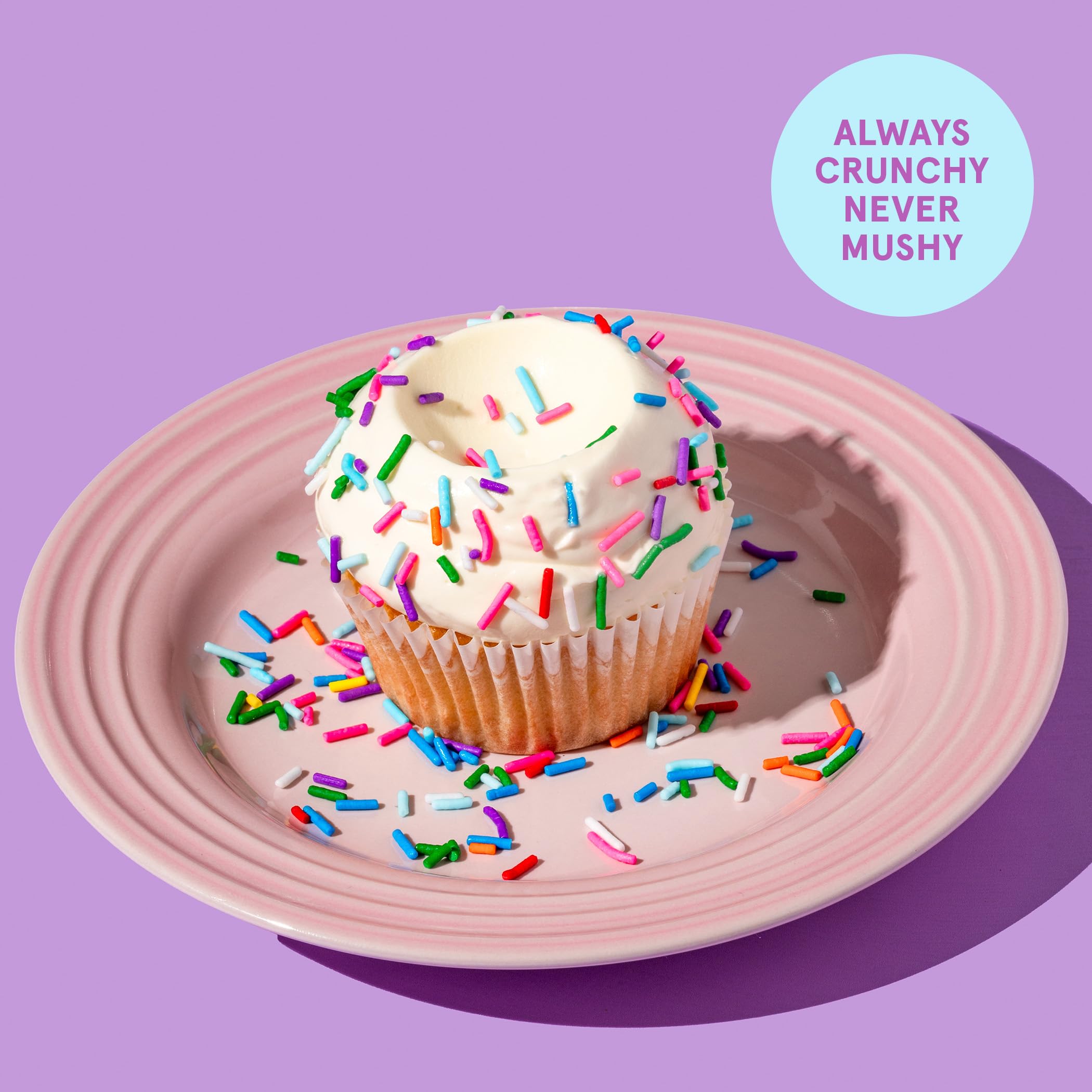 Fancy Sprinkles Deluxe Rainbow Crunchy Jimmies on cupcakes offer quick, eye-catching flair.