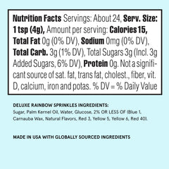 Fancy Sprinkles Deluxe Rainbow Crunchy Jimmies on ice cream deliver color and crunch.