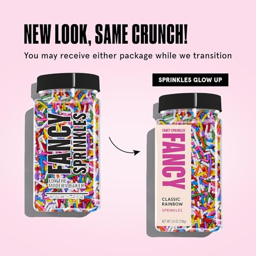 Fancy Sprinkles Deluxe Rainbow Crunchy Jimmies sprinkled onto pancakes for a playful breakfast.