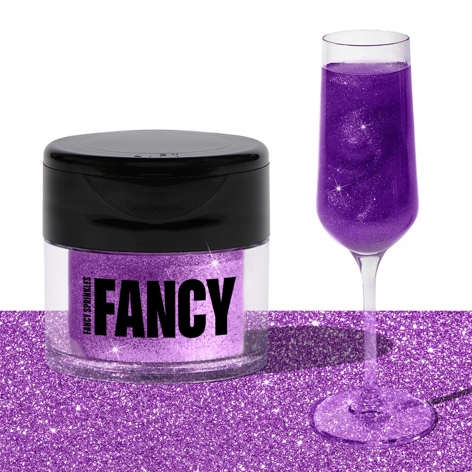 Fancy Sprinkles Easter Amethyst Glitter close-up on jar cap, premium sparkle for desserts