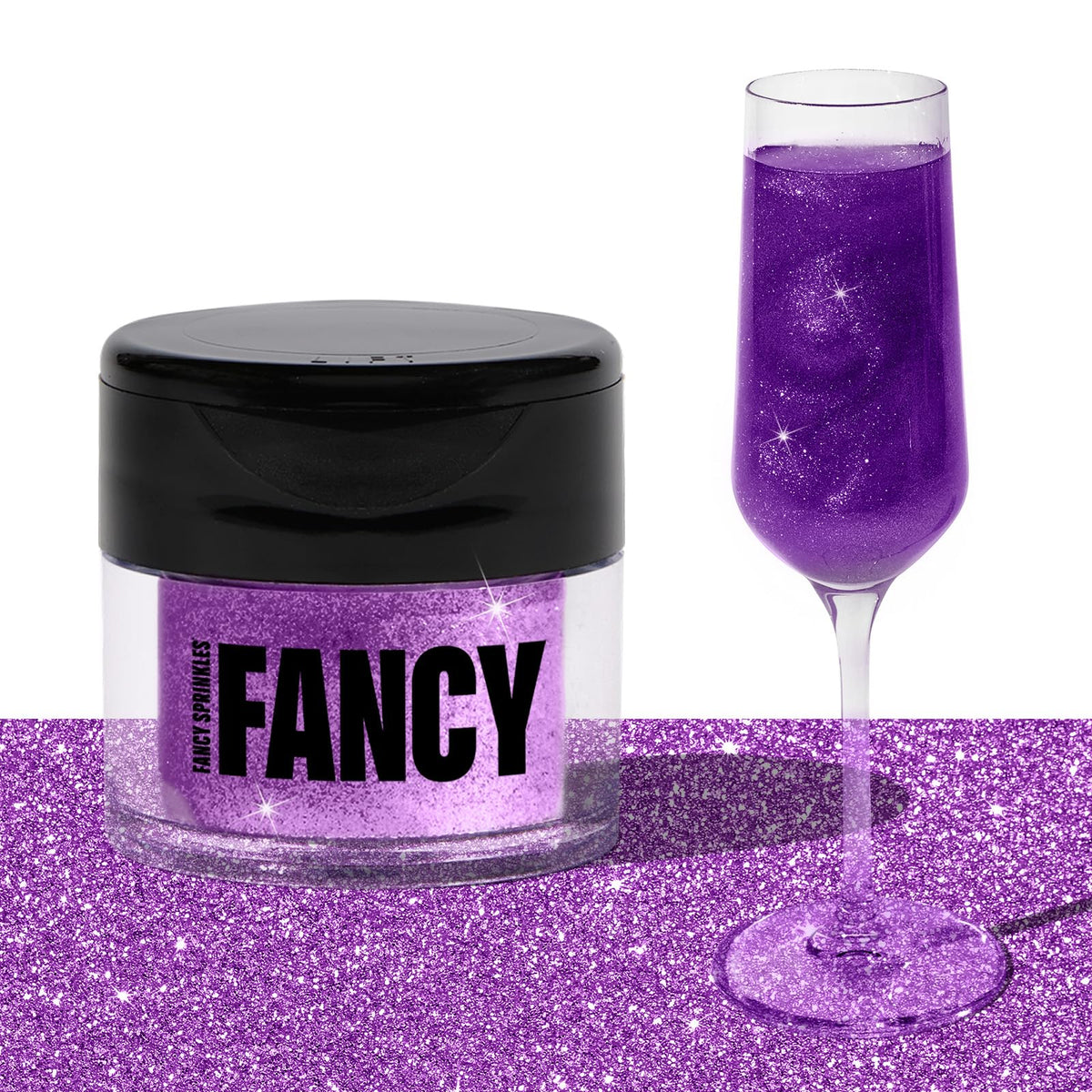 Fancy Sprinkles Easter Amethyst Glitter close-up on jar cap, premium sparkle for desserts