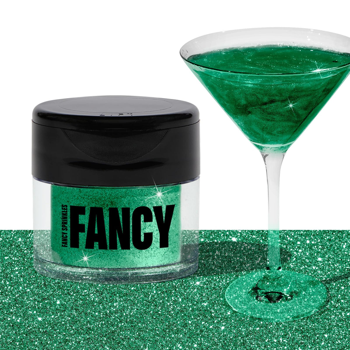 Fancy Sprinkles emerald green edible glitter bottle adds dazzling shine to drinks with no taste.