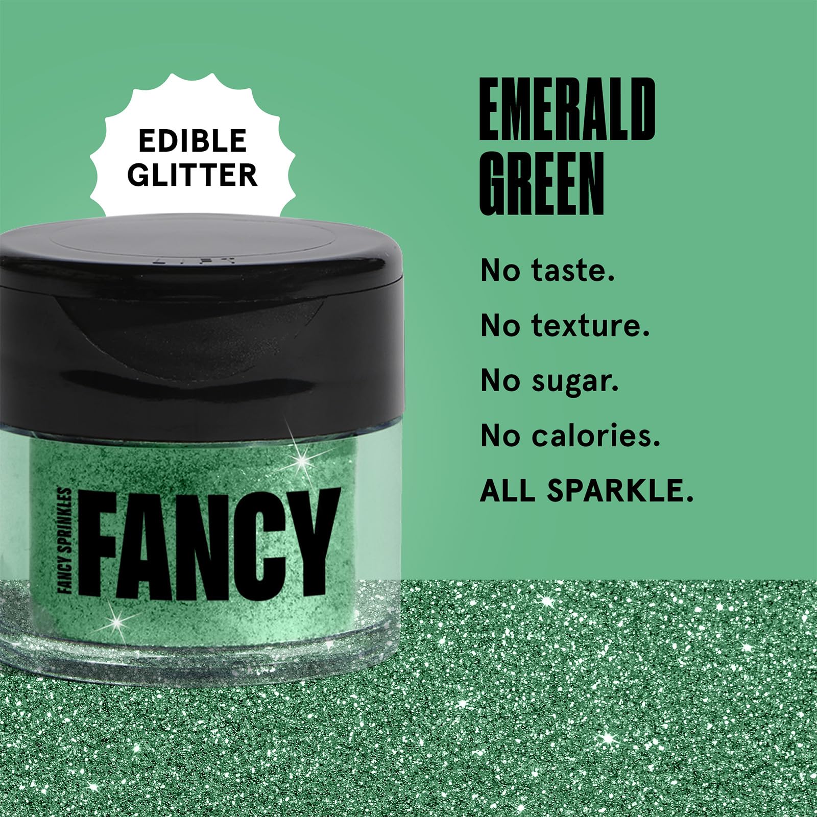 Fancy Sprinkles emerald green glitter blends into drinks for sparkling cocktails without flavor changes.