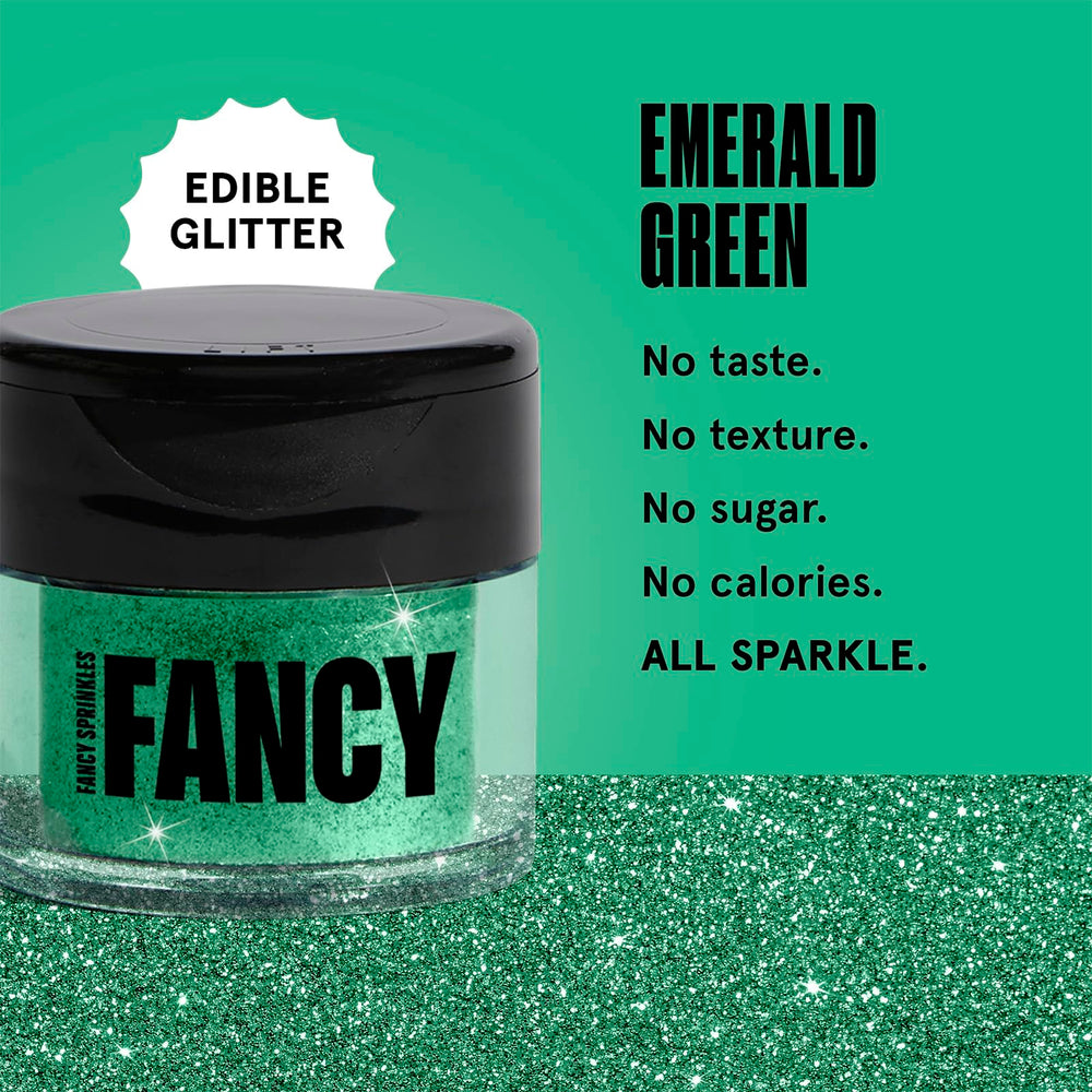 Fancy Sprinkles emerald green glitter blends into drinks for sparkling cocktails without flavor changes.