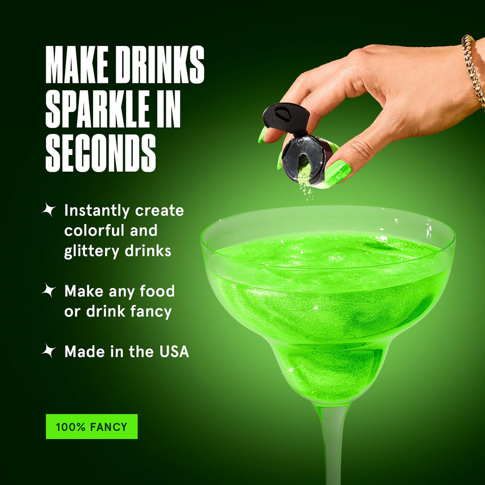 Fancy Sprinkles Glow Worm Green glitter in a drink setup glows under black light.