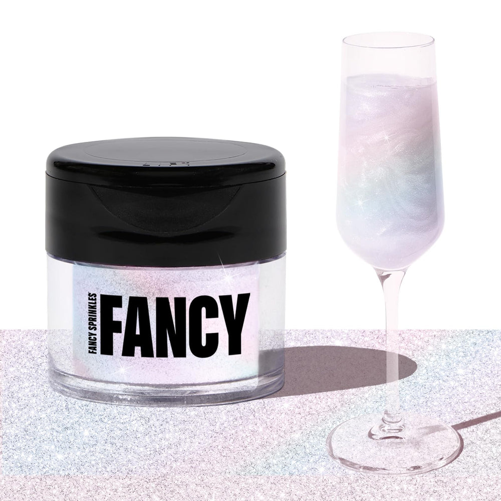 Fancy Sprinkles Moonstone glitter jar front adds sparkling desserts and drinks.