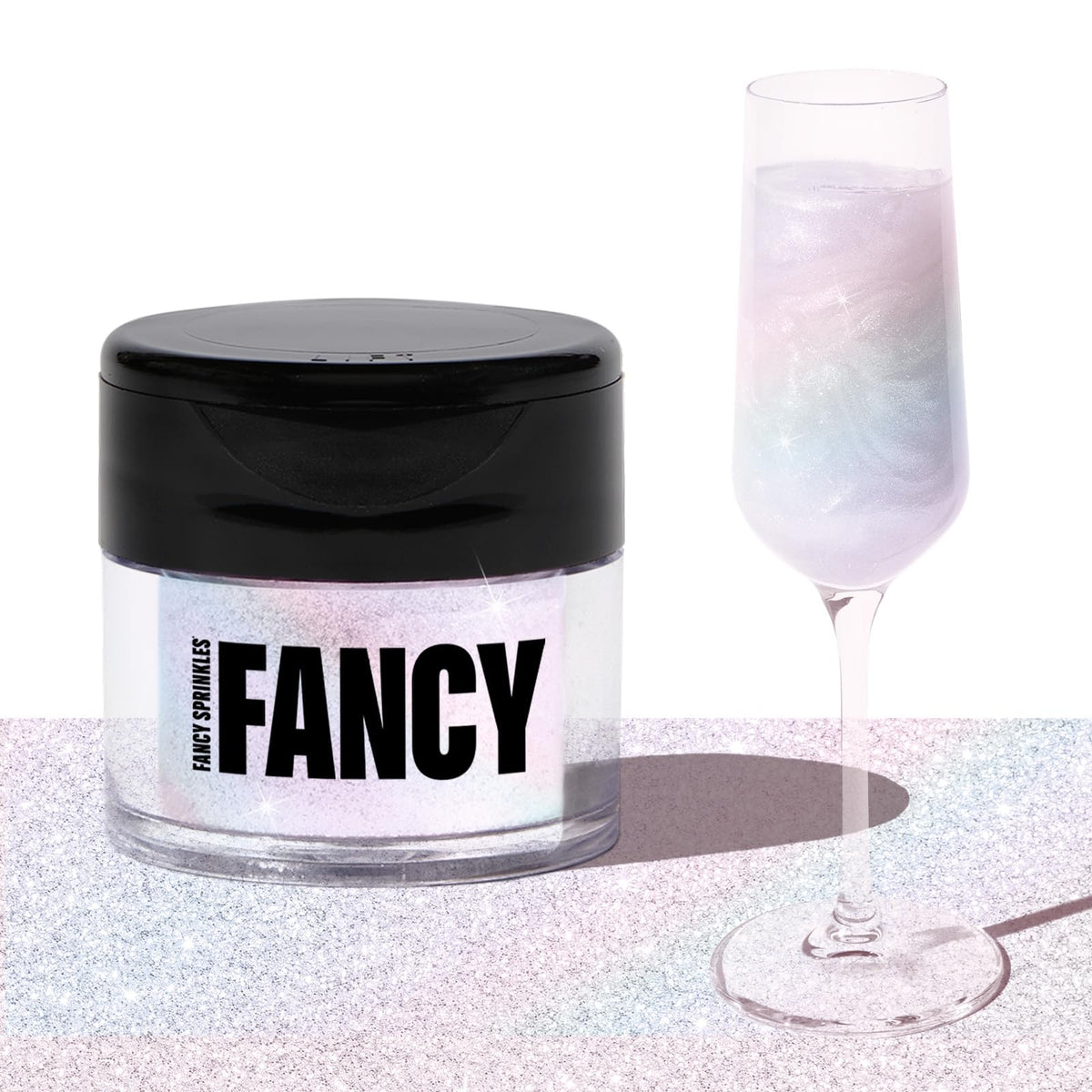 Fancy Sprinkles Moonstone glitter jar front adds sparkling desserts and drinks.