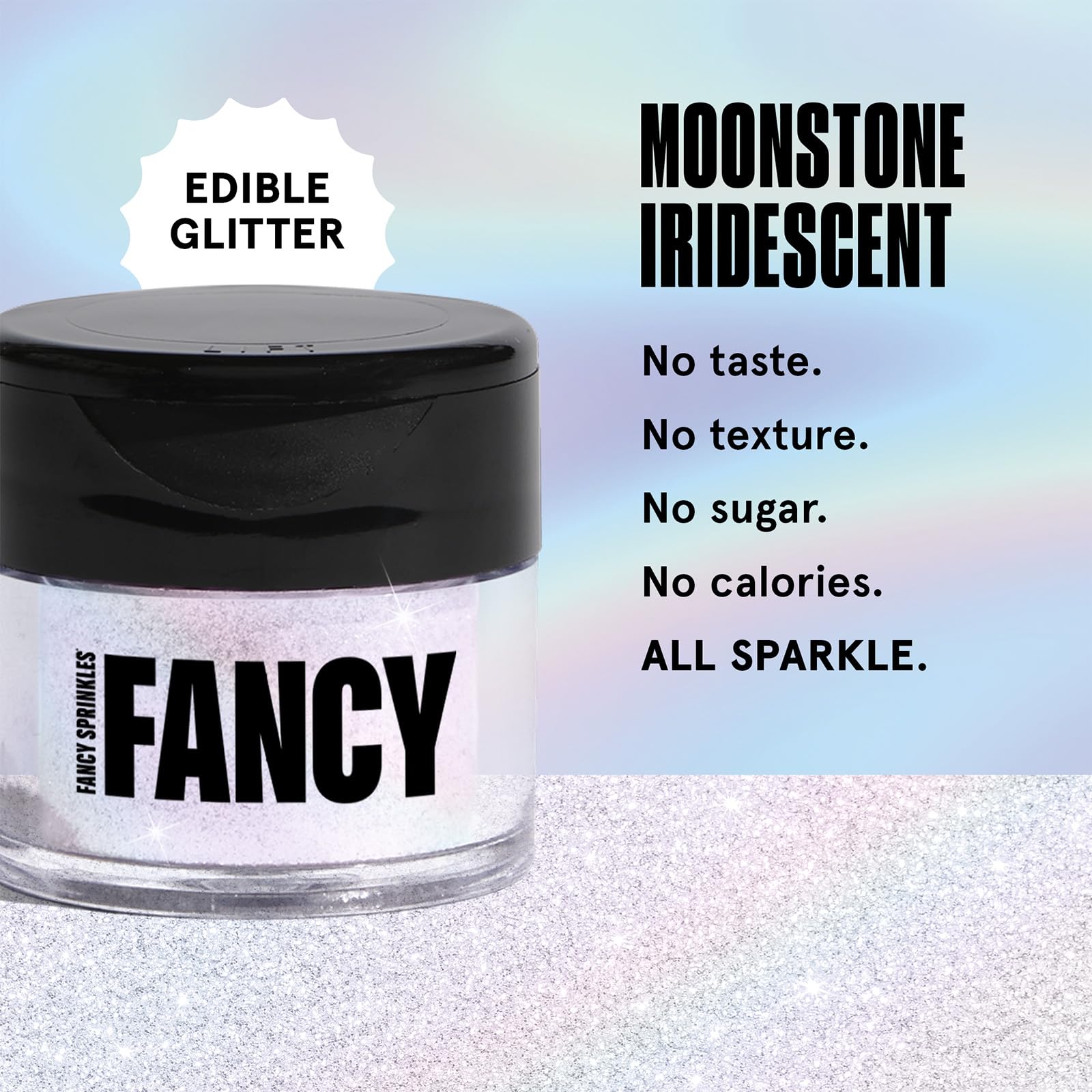 Fancy Sprinkles Moonstone glitter adds a vivid, prismatic glow to cocktails.