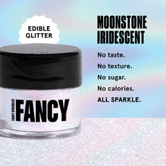 Fancy Sprinkles Moonstone glitter adds a vivid, prismatic glow to cocktails.