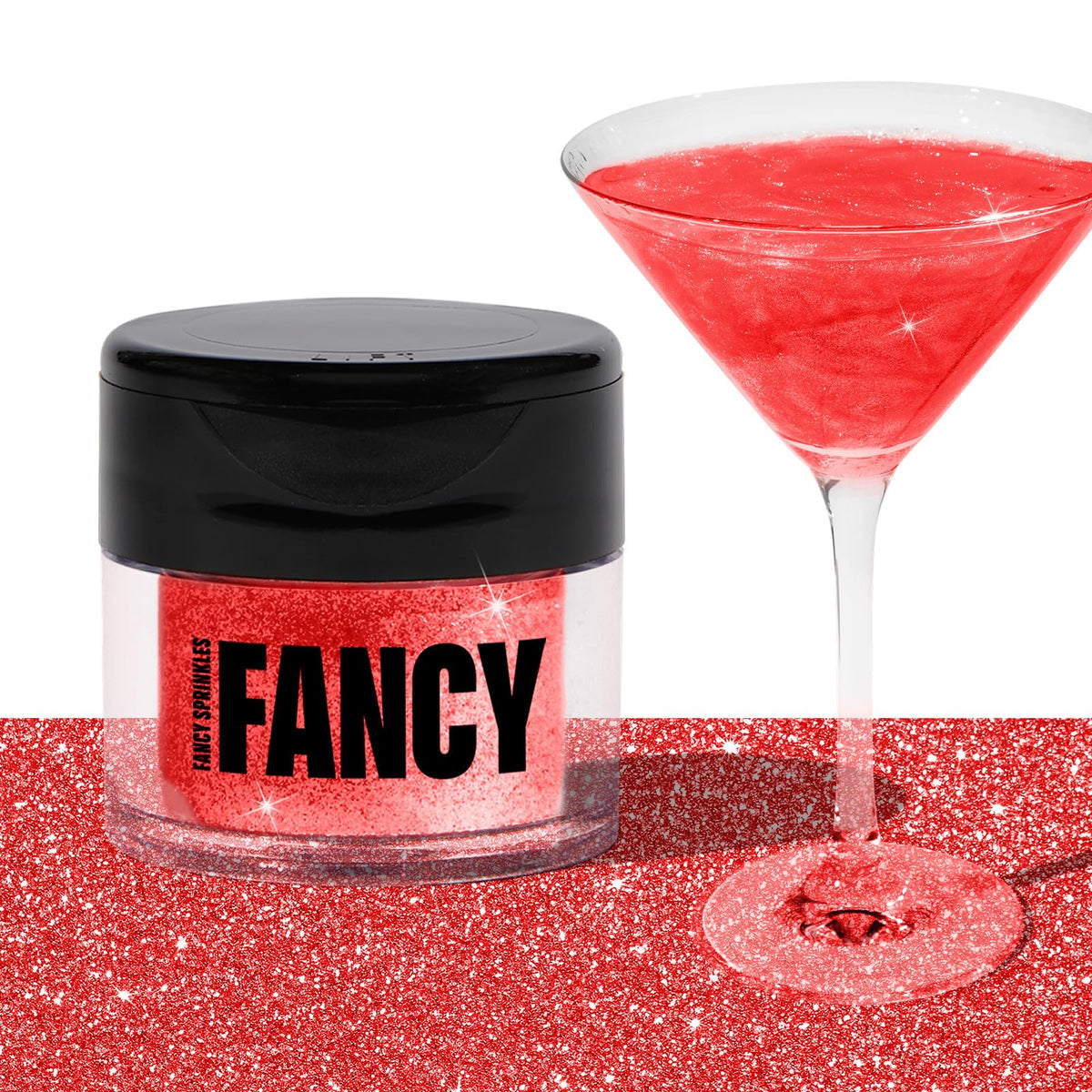 Fancy Sprinkles Ruby Red edible glitter jar adds prismatic sparkle to desserts.