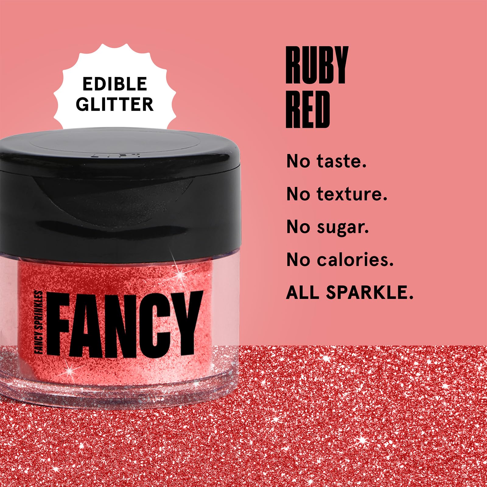 Fancy Sprinkles Ruby Red glitter in a drink adds a bright sparkle.