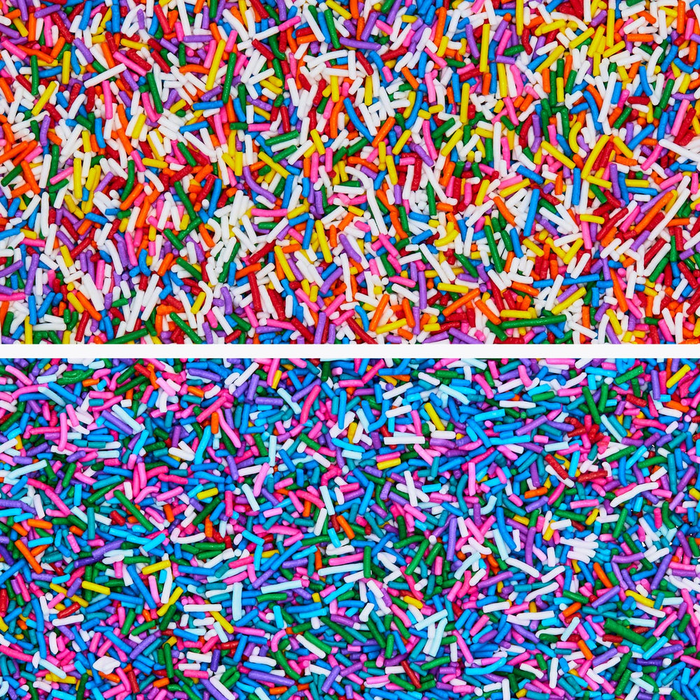 Fancy Sprinkles Sundae Best Deluxe Rainbow Jimmies add texture to cookies and cupcakes for celebrations.