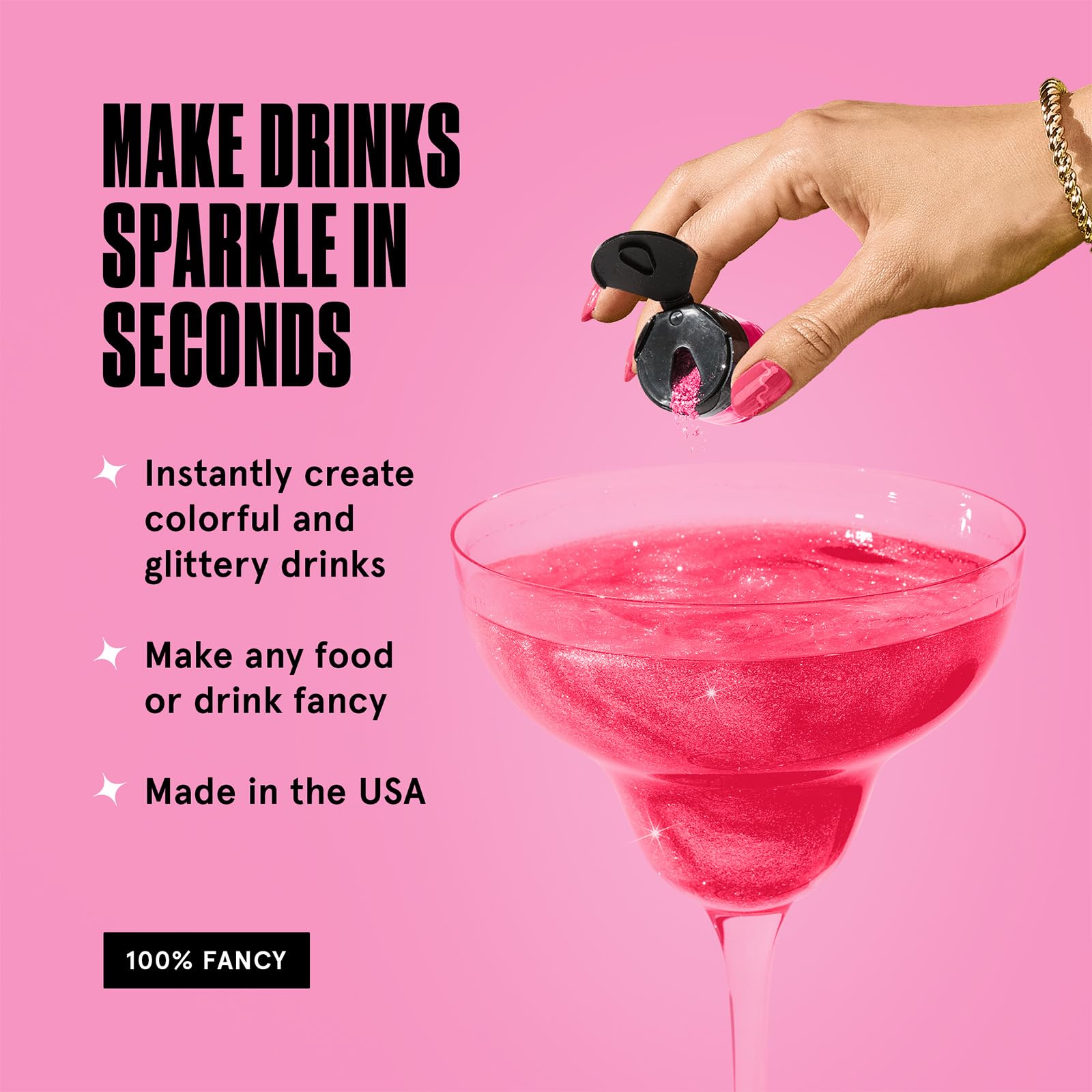 Fancy Sprinkles Tourmaline Pink glitter on a cocktail for festive shine