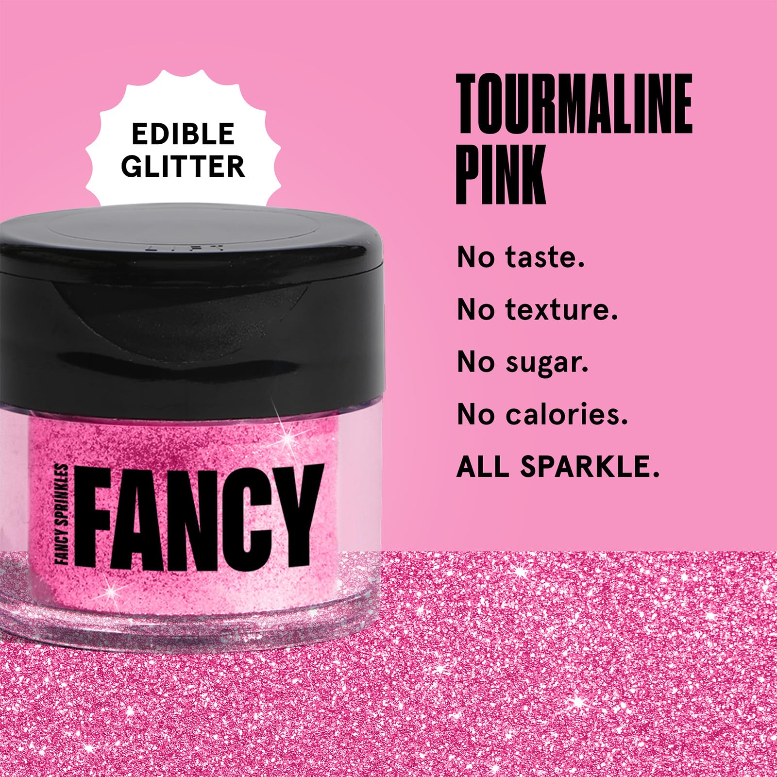 Fancy Sprinkles Tourmaline Pink edible glitter dusted over a dessert for a luminous finish