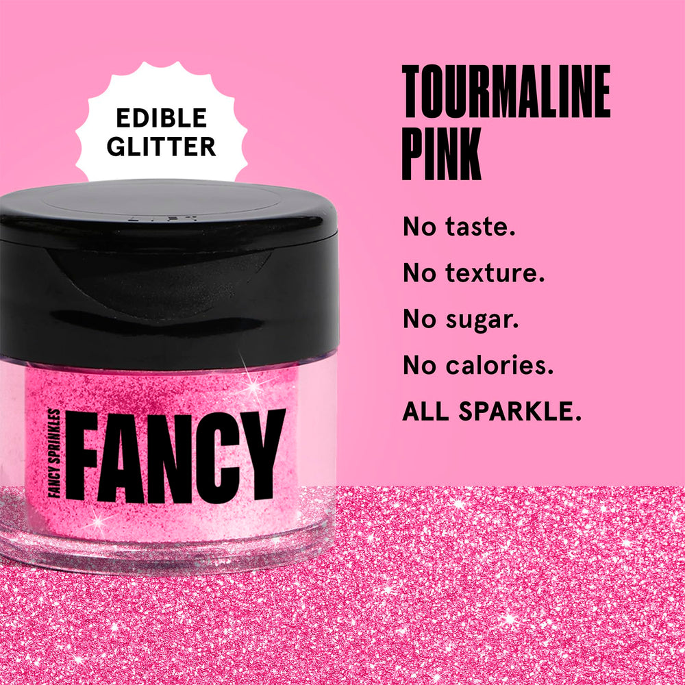 Fancy Sprinkles Tourmaline Pink edible glitter dusted over a dessert for a luminous finish