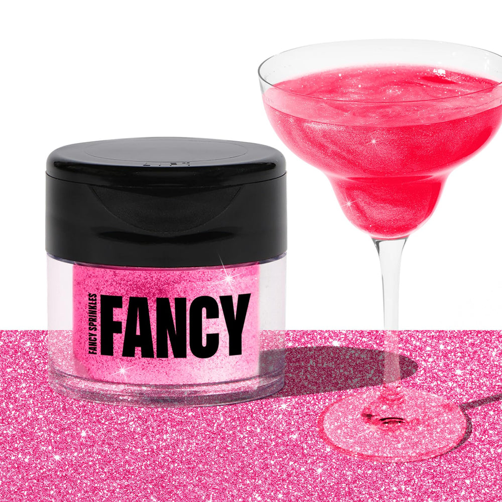 Fancy Sprinkles Tourmaline Pink edible glitter on jar showing premium sparkle for desserts and drinks