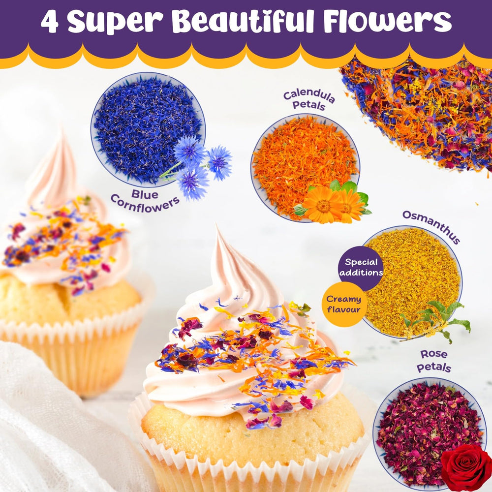 Fangkic blue cornflower bloom highlighted for vibrant edible accents in desserts and drinks.