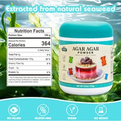 Close-up of ingredients label on Fangkic agar powder emphasizing natural seaweed origin.