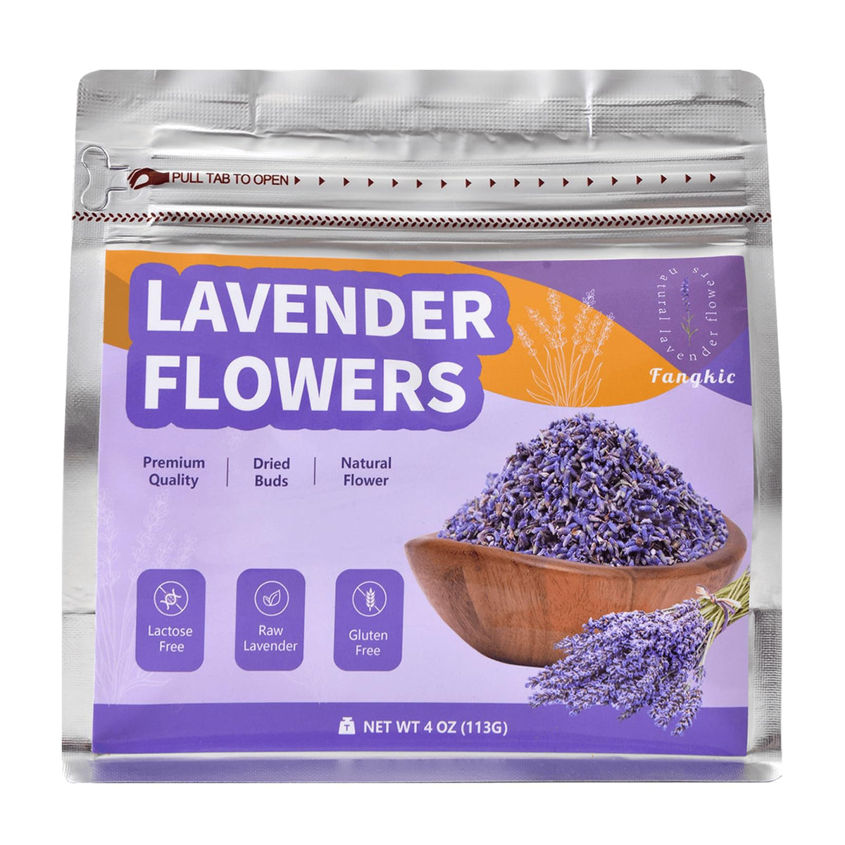 Fangkic dried culinary lavender flowers in a 4 oz bag for cooking and baking.