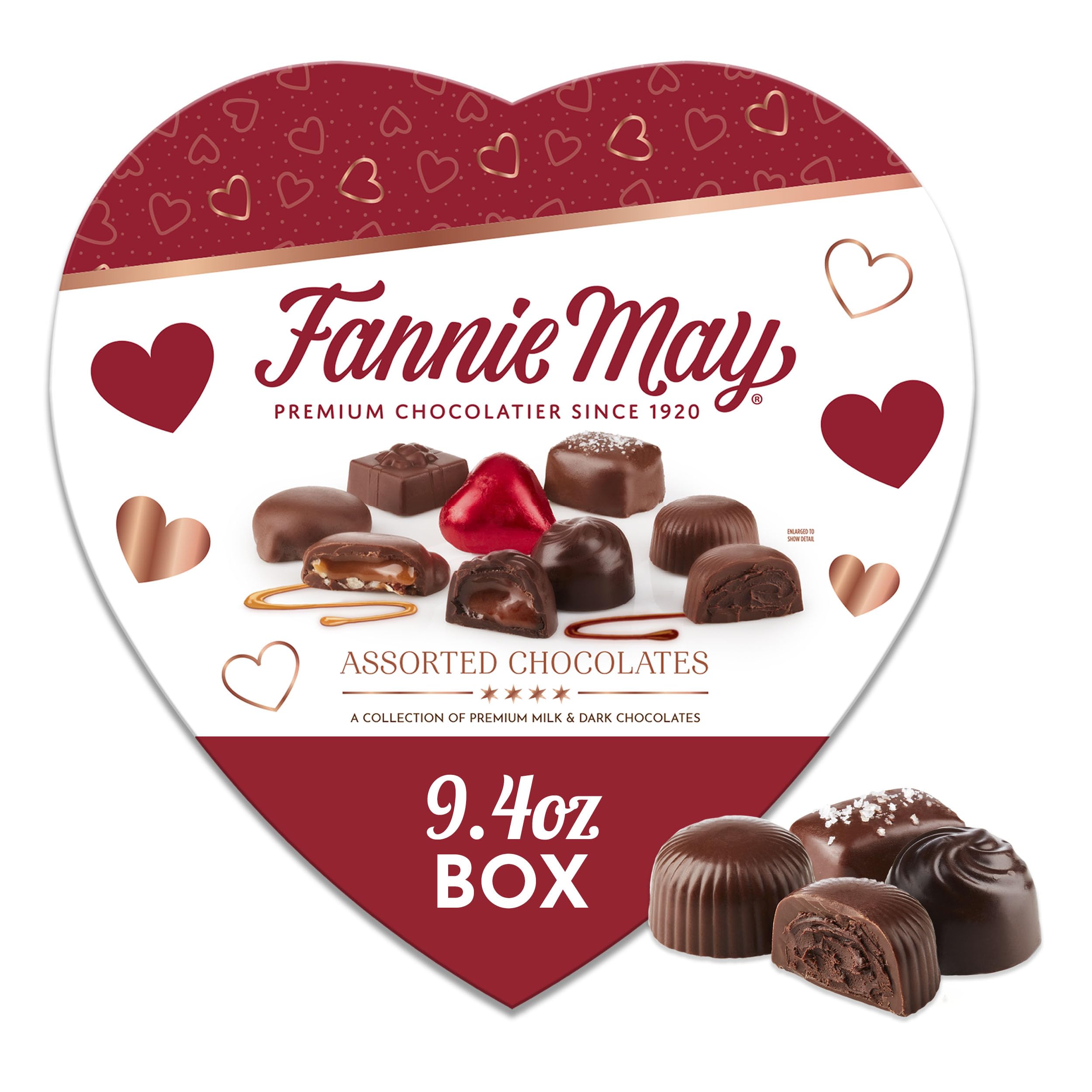 Fannie May heart gift box top view showing an elegant chocolate assortment for gifting.