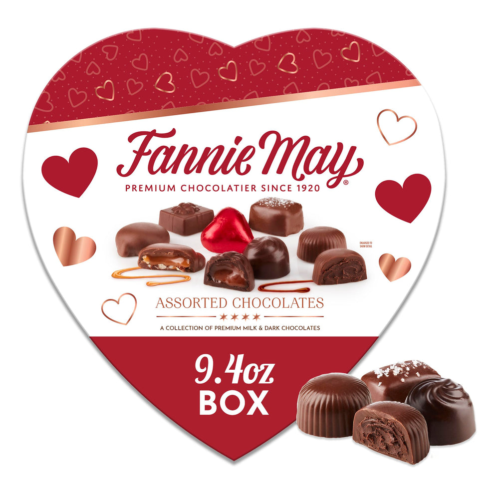 Fannie May heart gift box top view showing an elegant chocolate assortment for gifting.