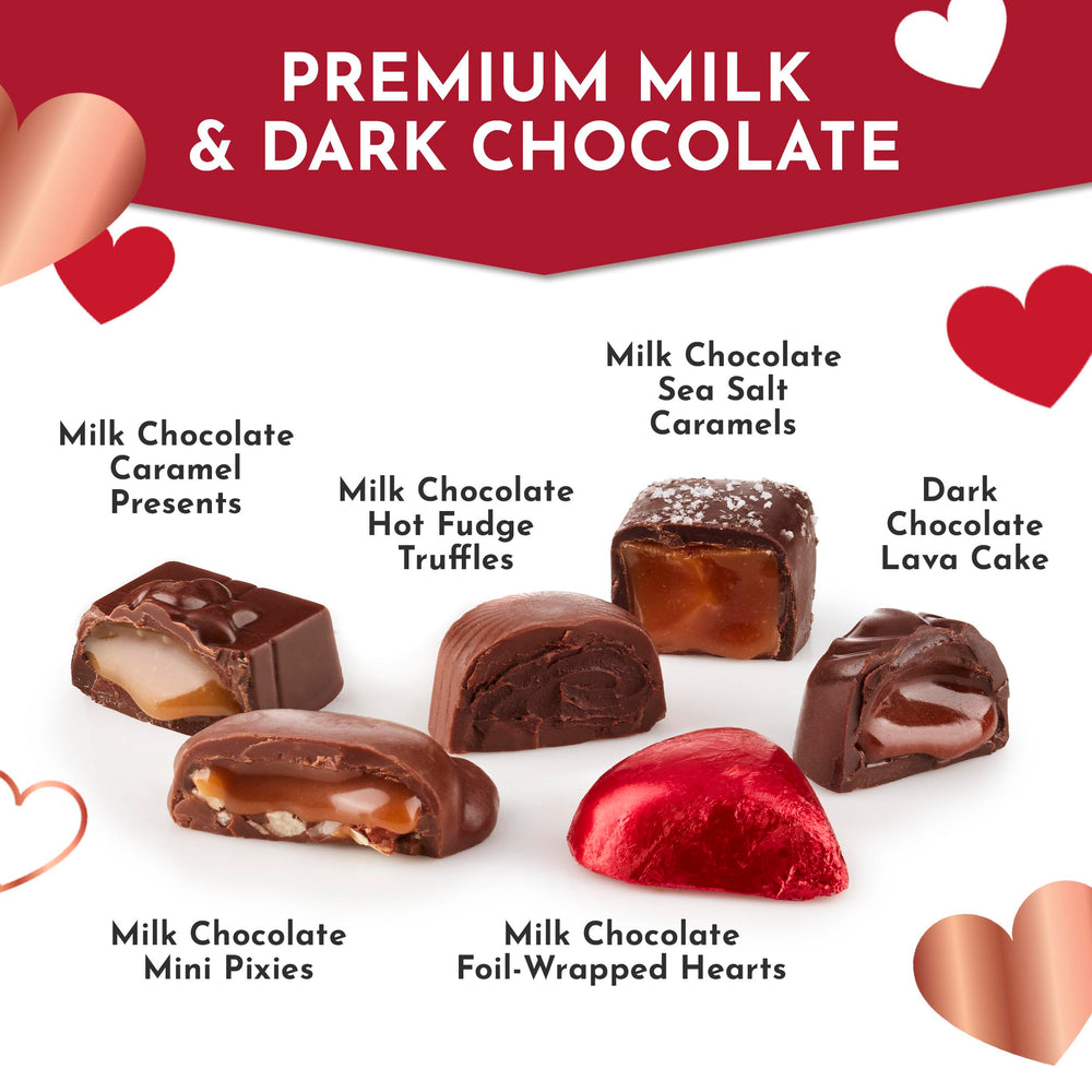 Fannie May milk and dark chocolate selection presented on a plate for sharing.