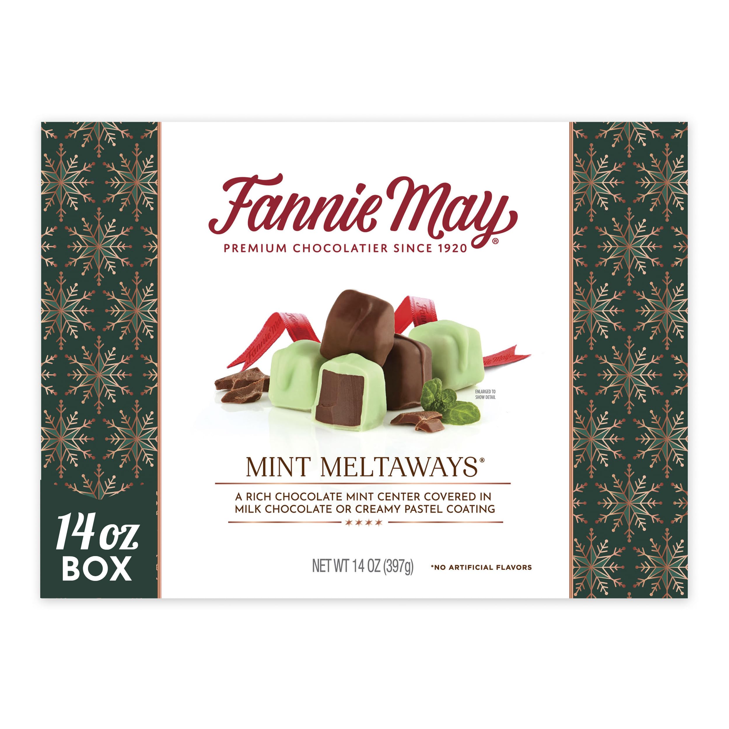 Fannie May Mint Meltaways gift box front, premium holiday chocolate gift