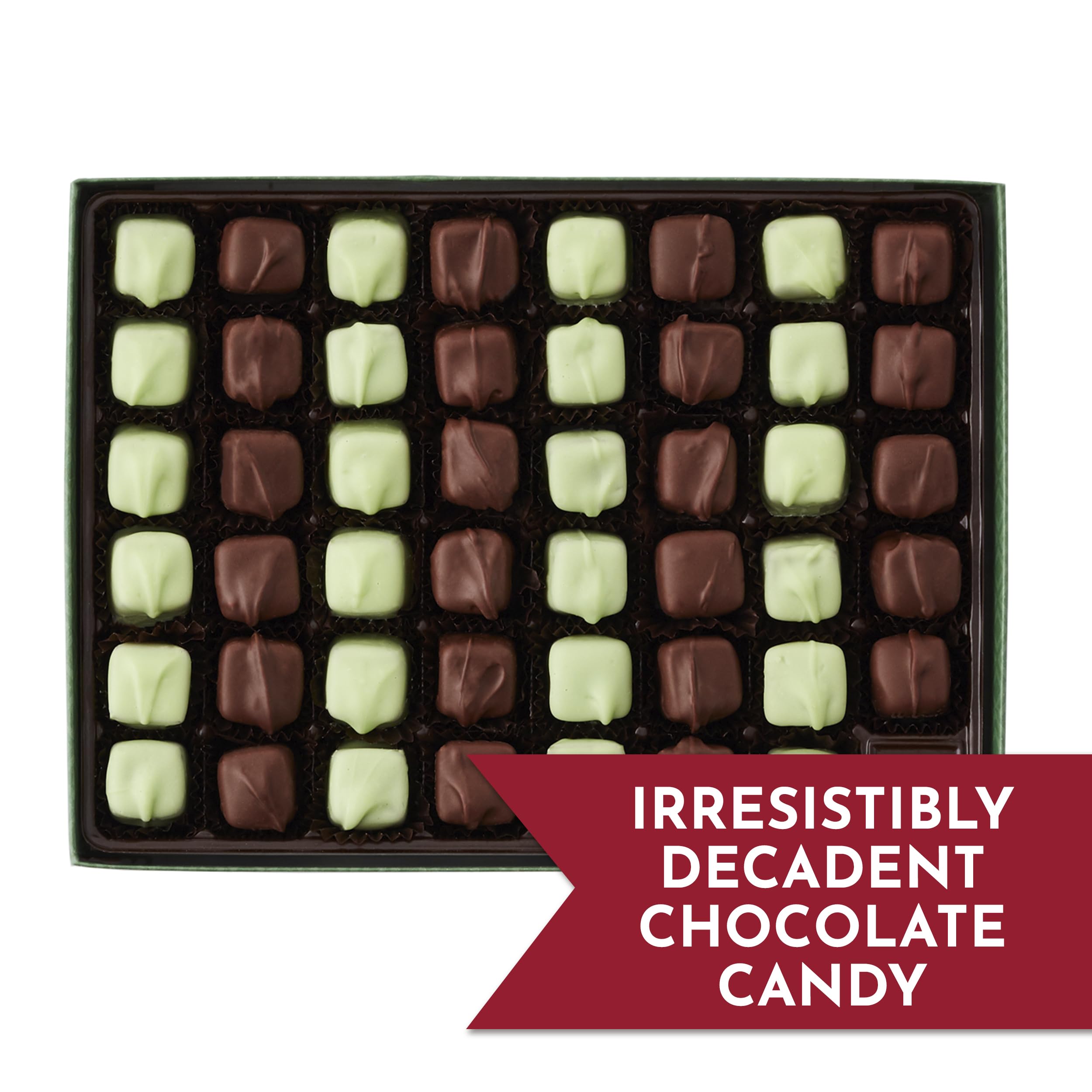 Fannie May Mint Meltaways green pastel confection detail, classic holiday sweetness