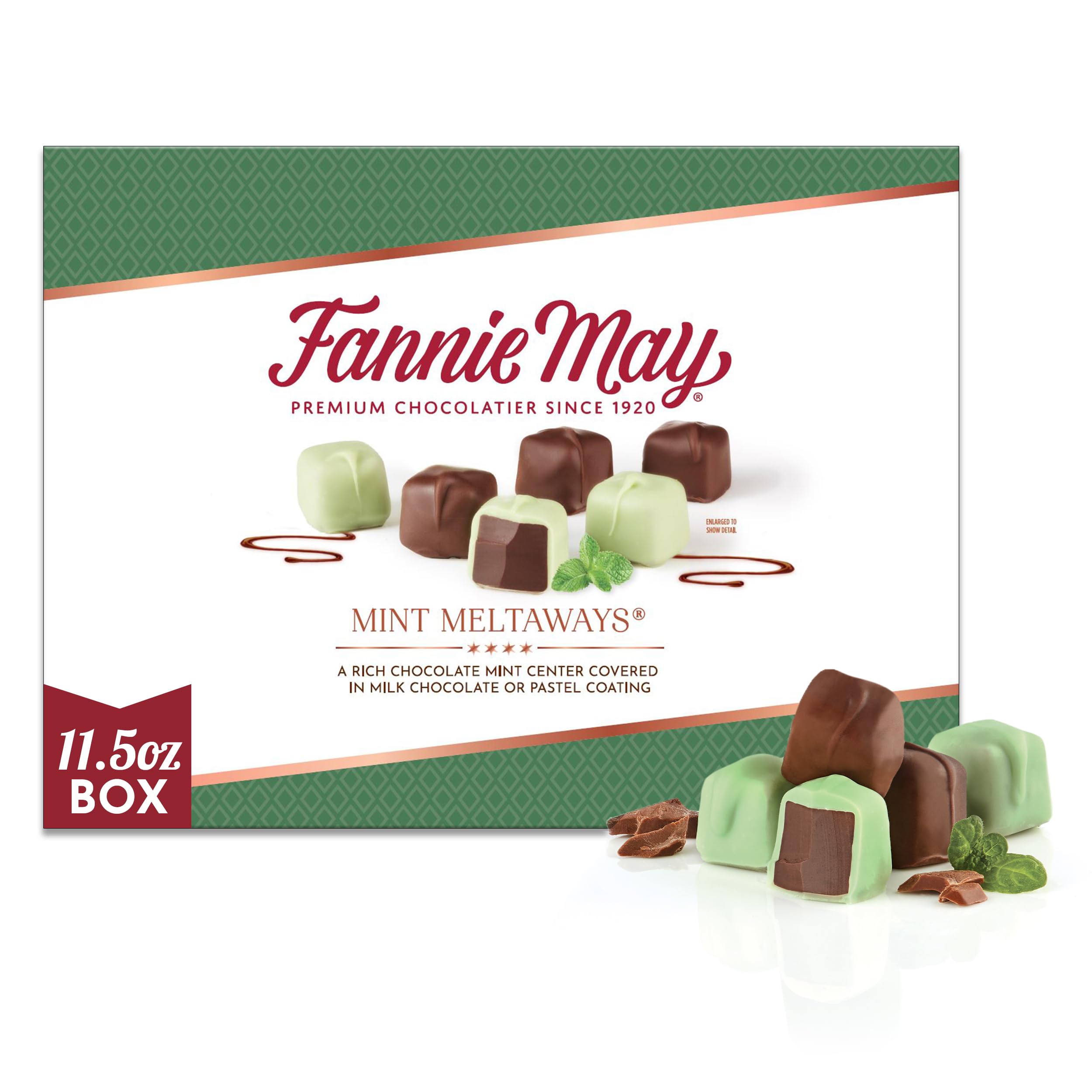 Fannie May Mint Meltaways milk chocolate centers in gift box, perfect for gifting.