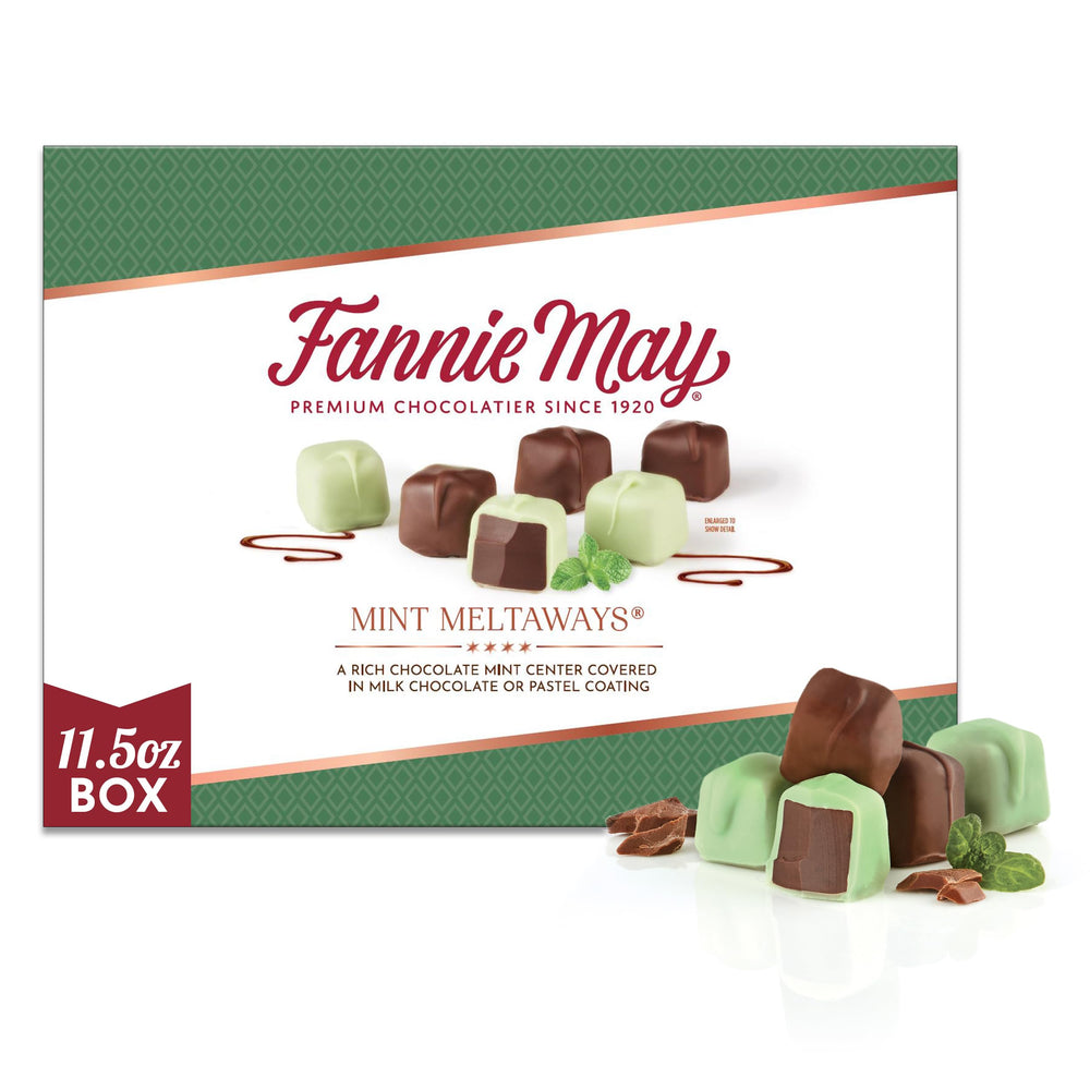 Fannie May Mint Meltaways milk chocolate centers in gift box, perfect for gifting.