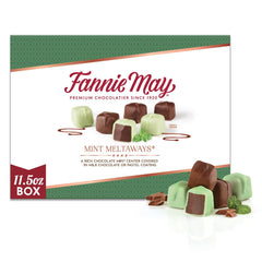 Fannie May Mint Meltaways milk chocolate centers in gift box, perfect for gifting.