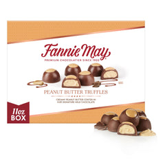 Fannie May Peanut Butter Truffles gift box, milk chocolate exterior, ideal for celebrations.