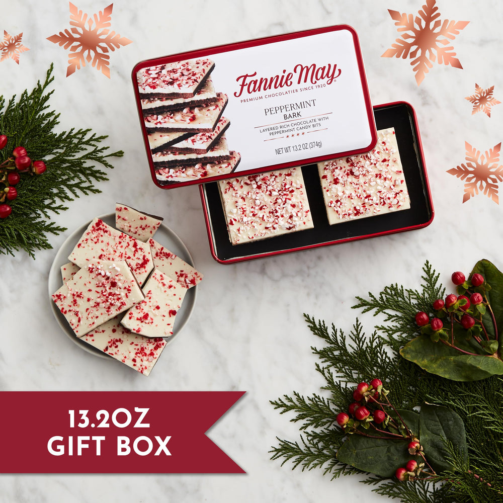 Fannie May Peppermint Bark showing crunchy peppermint bits for a refreshing bite
