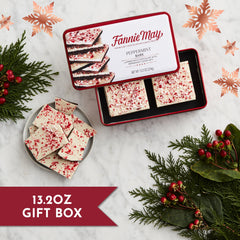 Fannie May Peppermint Bark showing crunchy peppermint bits for a refreshing bite
