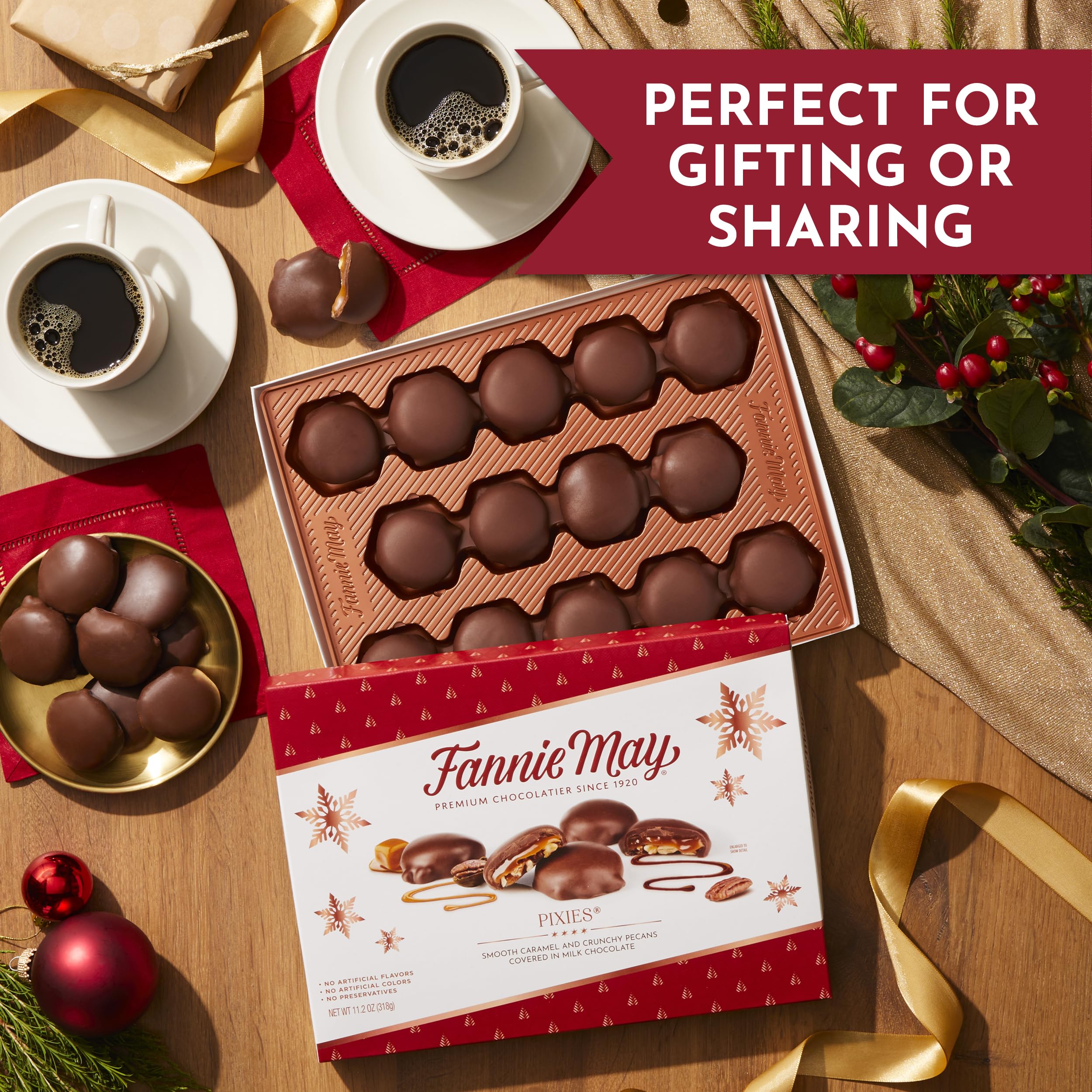 Caramel center and pecan crunch in milk chocolate.