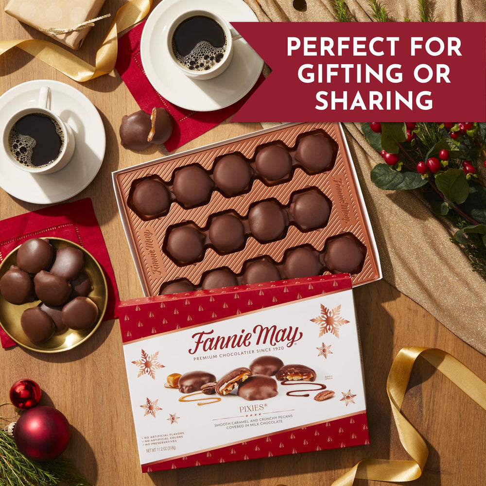 Caramel center and pecan crunch in milk chocolate.
