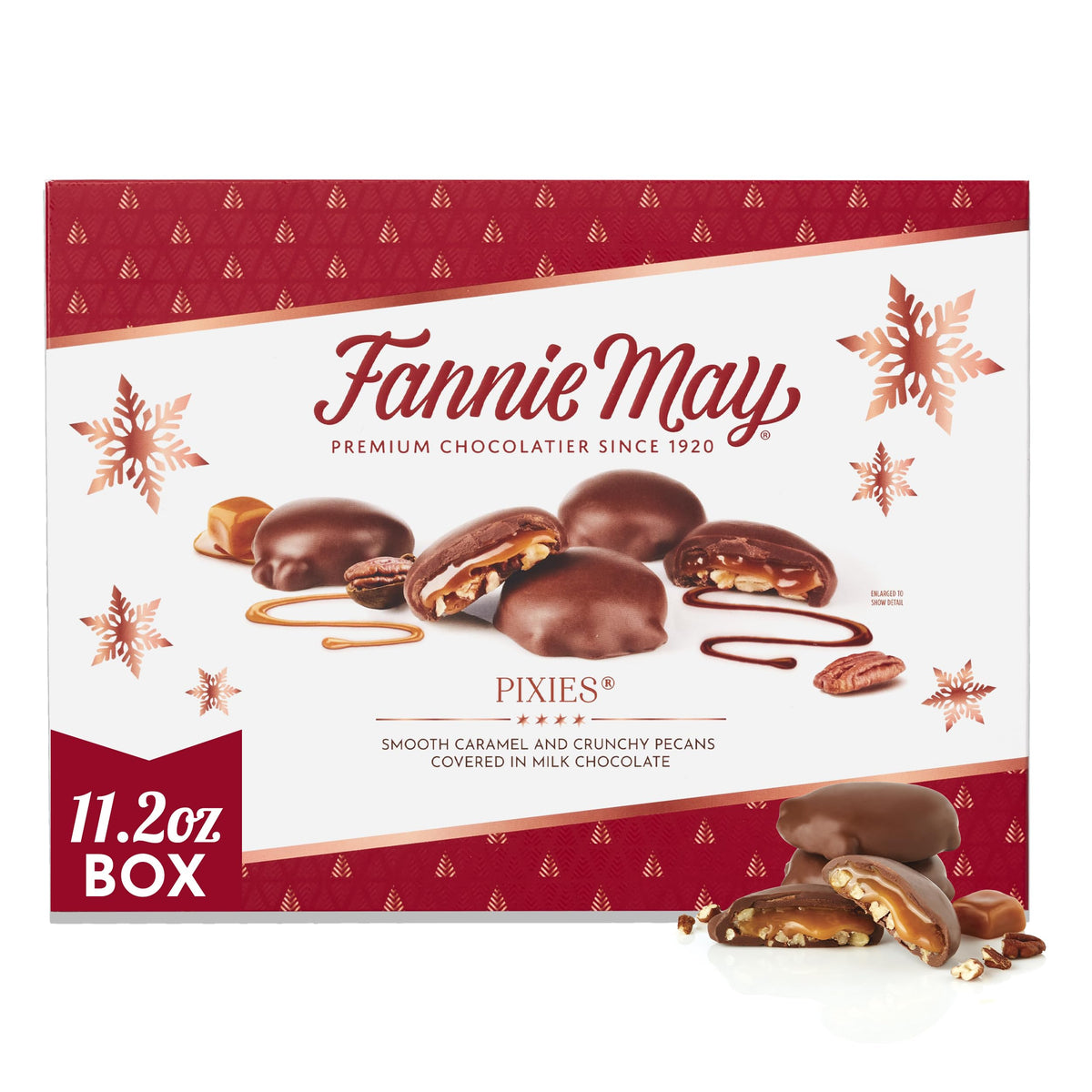 Fannie May Pixies inside view with caramel and pecan milk chocolate.
