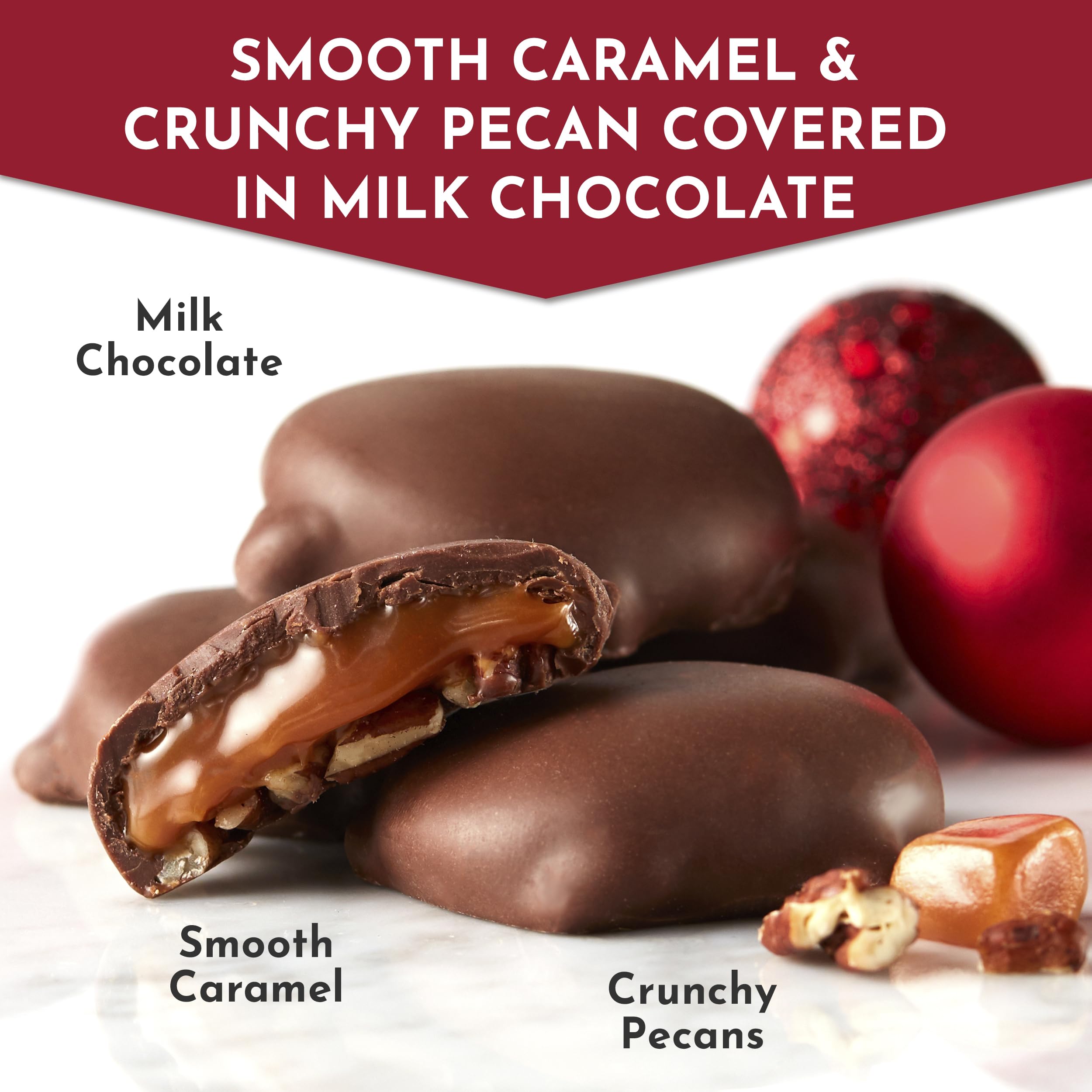 Close-up of milk chocolate, caramel, and pecans in Pixies.