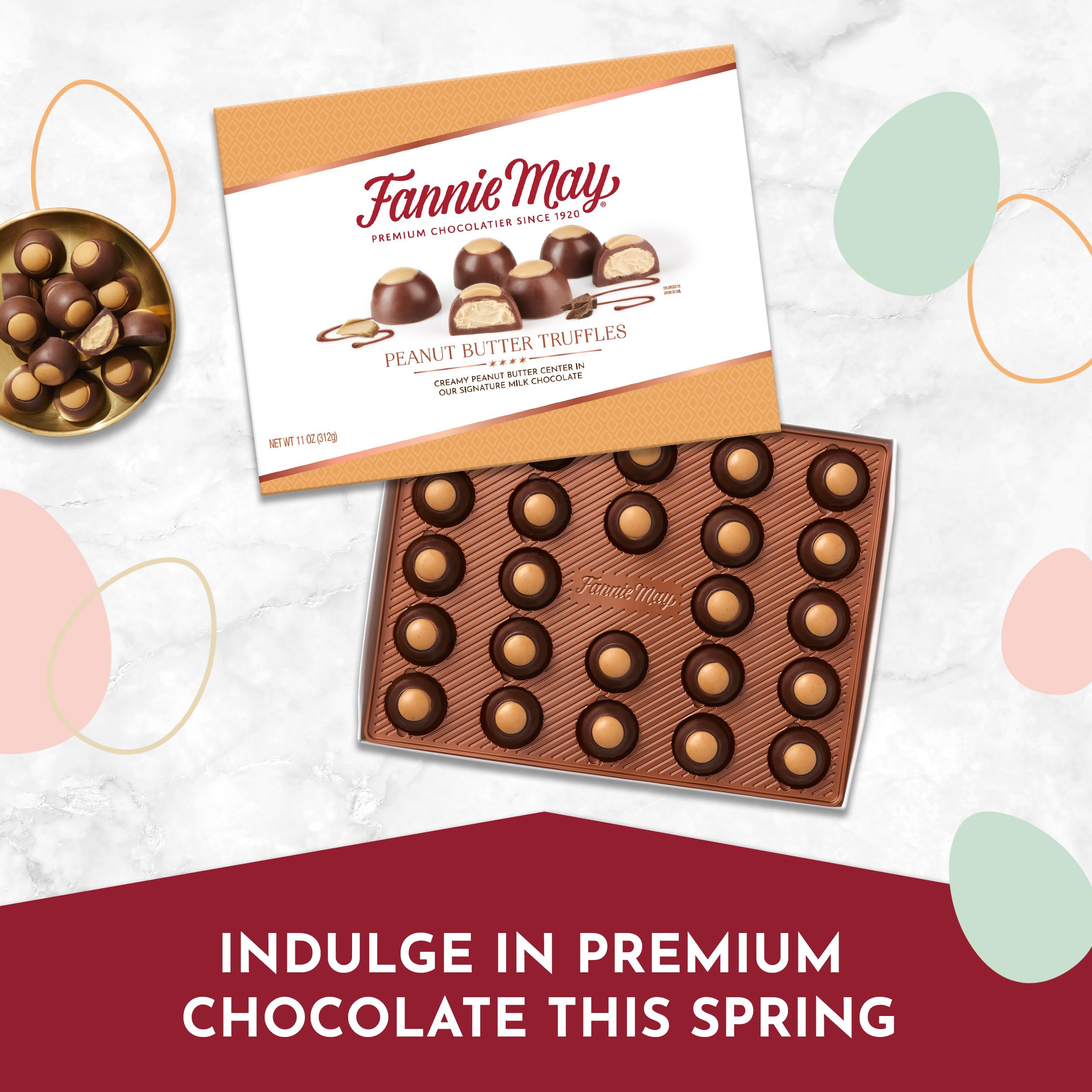 Signature gourmet chocolates by Fannie May displayed in elegant packaging for gifting.