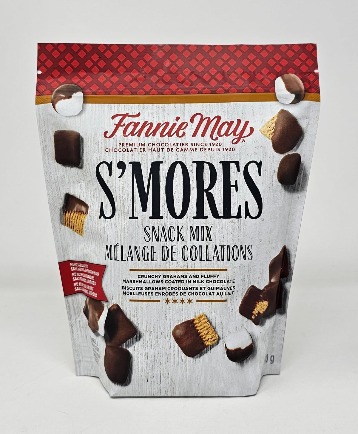 Fannie May S'mores Snack Mix bag front view, ideal for on-the-go indulgence