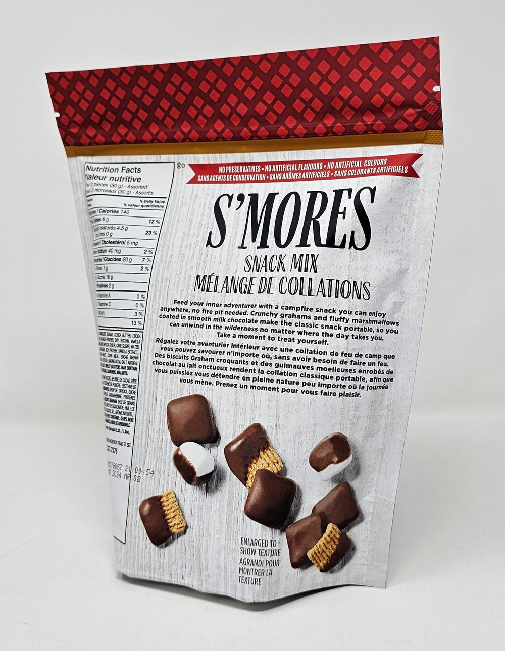 Fannie May S'mores Snack Mix bag reseal keeps freshness for snacks on trips