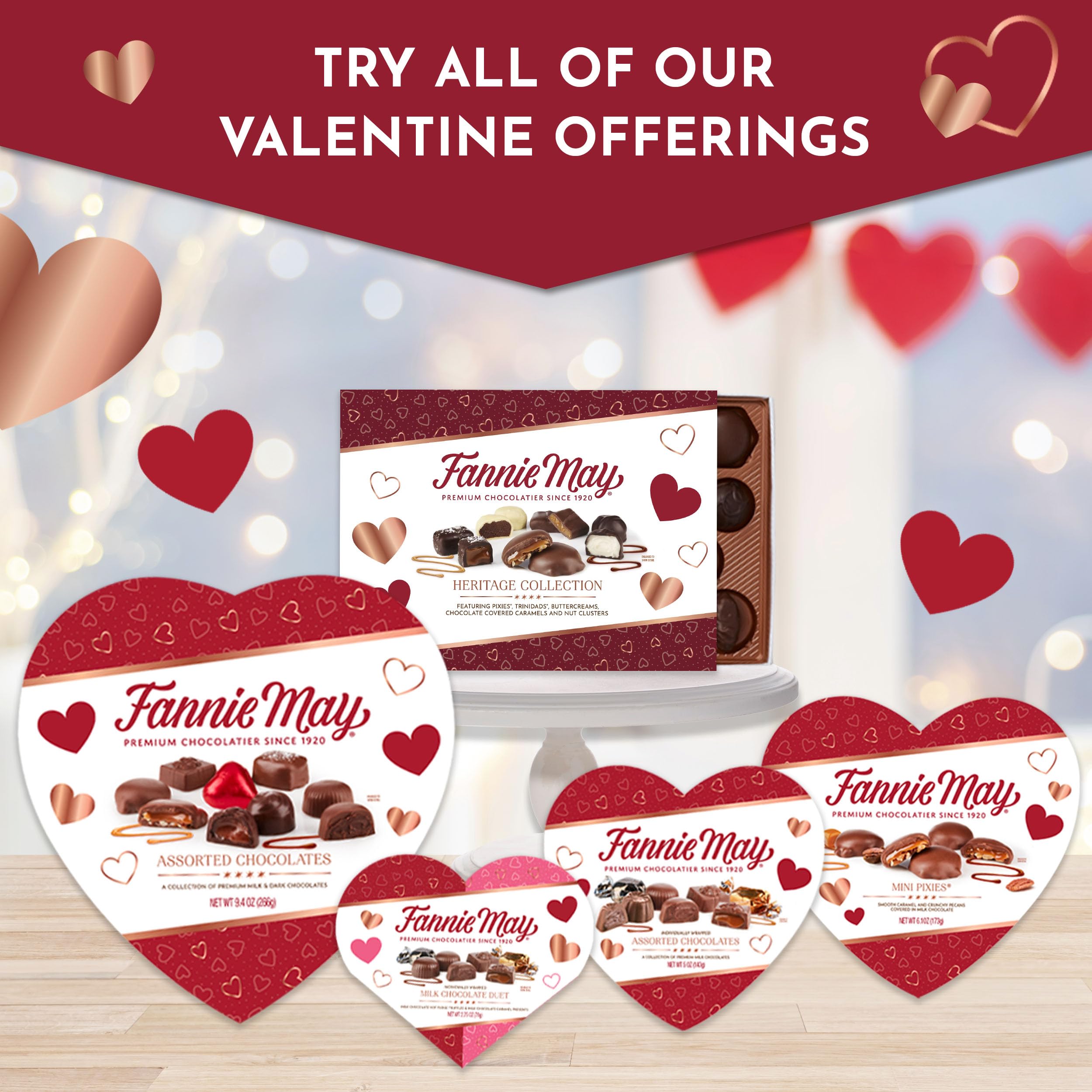 Fannie May Valentines gift box wrapped with ribbon ready for gifting.