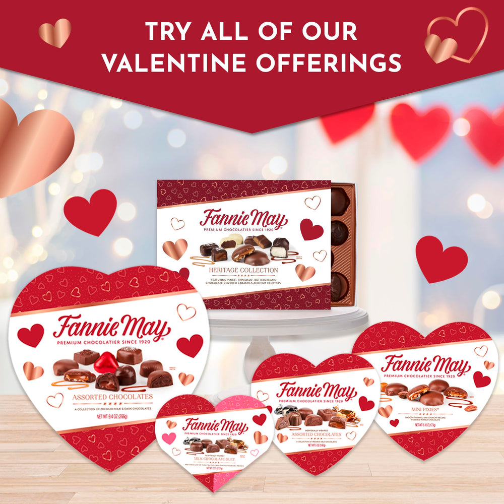 Fannie May Valentines gift box wrapped with ribbon ready for gifting.
