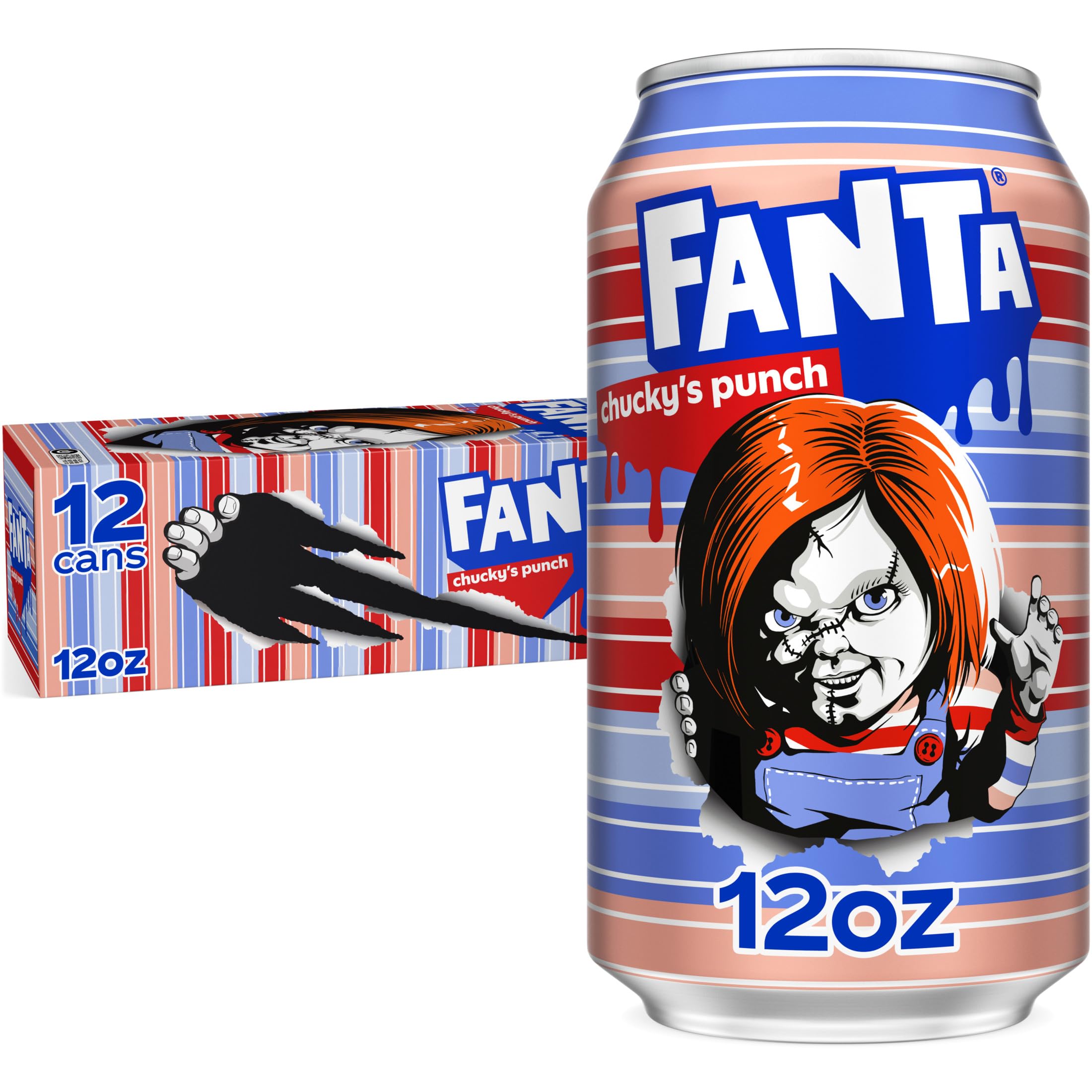 Fanta Fruit Punch Chucky's Punch can front label, caffeine-free refresher for Halloween parties.